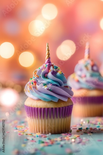 Close-up of a delicious cupcake with pastel colored cream and a unicorn horn against a blurred image of a festive illumination