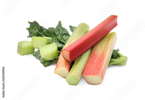Fresh ripe rhubarb stalks and leaf isolated on white