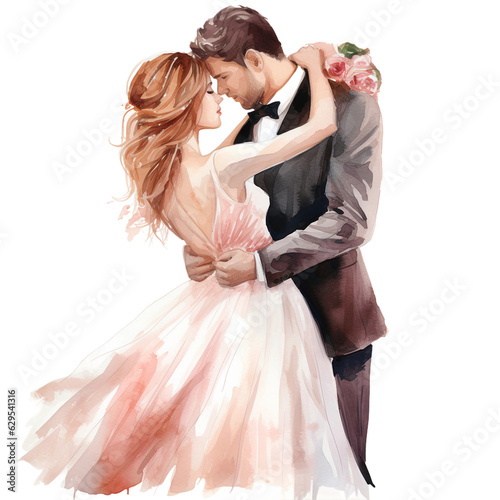 Canvas-taulu Modern bride and groom holding each other and kissing, wedding watercolor clipar