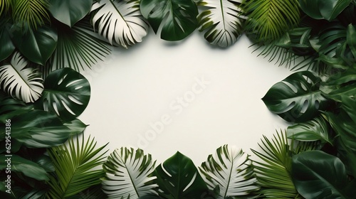 Generative AI : White Empty Space template mockup for natural organic cosmetic product presentation ad concept on green eco forest fresh leaves nature flat lay background, trendy stylish minimalist fl