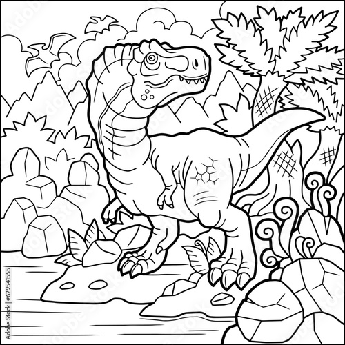 prehistoric dinosaur tyrannosaurus, contour illustration coloring book