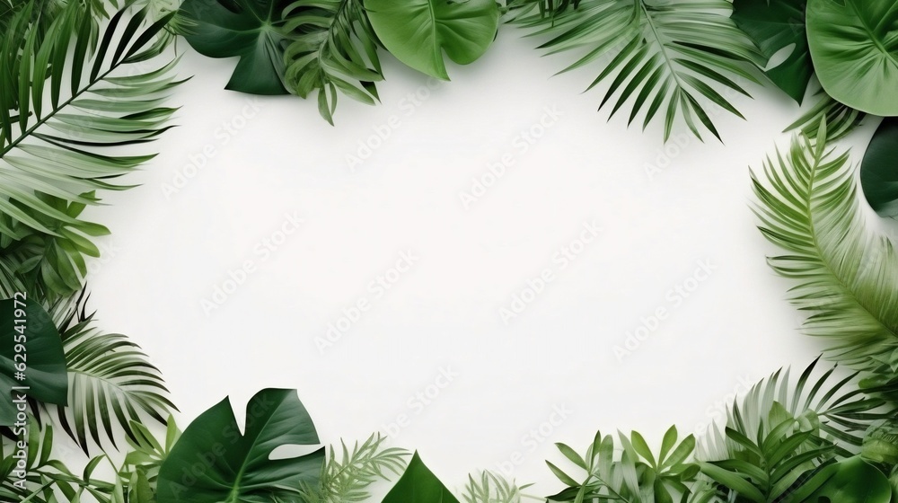 Generative AI : Creative layout made of colorful tropical leaves on white background. Minimal summer exotic concept with copy space. Border arrangement.