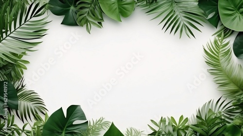 Generative AI : Creative layout made of colorful tropical leaves on white background. Minimal summer exotic concept with copy space. Border arrangement.