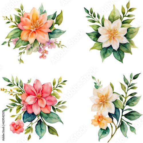 Set of Tropical Botanical Floral Leaf Watercolor Illustrations  Isolated on Transparent Background for Design Elements. AI Generetive.
