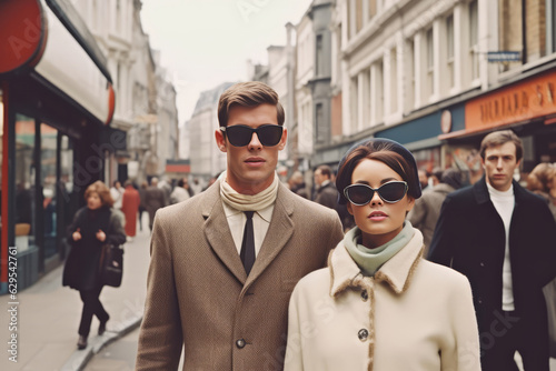 A stylish couple in trendy 1960s fashion walking down a bustling London street, showcasing the iconic mod style of the era. Generative Ai