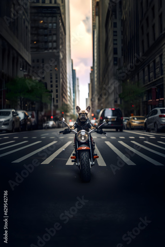 A French Bulldog dog riding a motorcycle on a New York City street