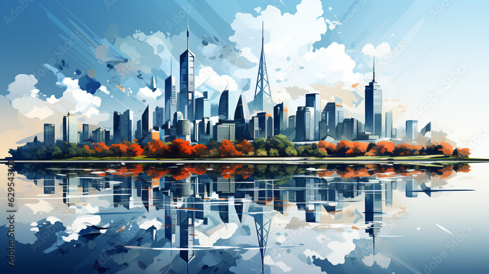 Illustrazione città del futuro, città riflessa sul lago