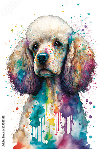 Poodle in watercolor art, colorful splahes, white background, detailed photo