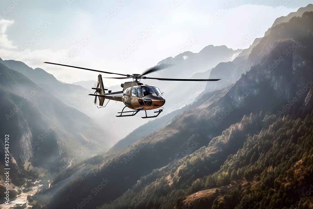 a helicopter flying in the mountains - obrazy, fototapety, plakaty 