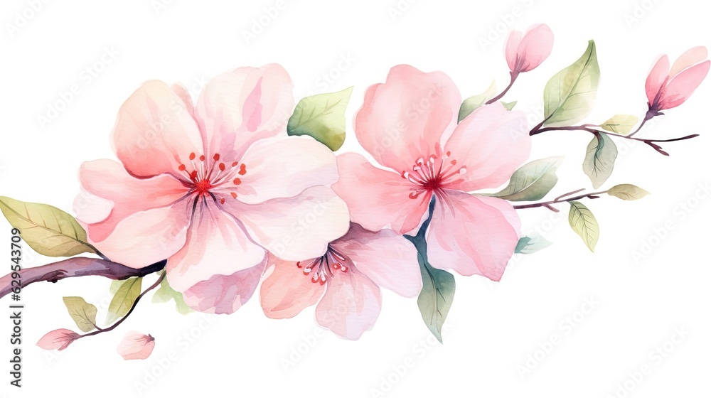 Delicate pink flowers, sakura, watercolor style. 