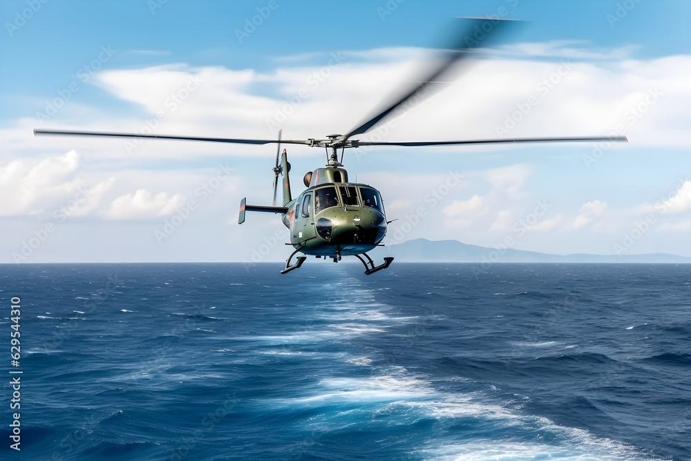 a helicopter flies over the ocean