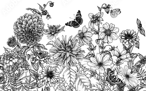 Seamless horizontal pattern of autumn flowers and butterflies. Dahlias  cosmos  zinnia  marigold in engraving style