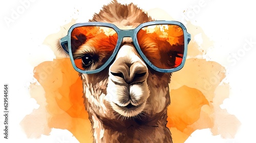 Portrait of a camel in sunglasses. 
