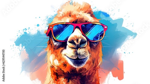 Portrait of a camel in sunglasses. 