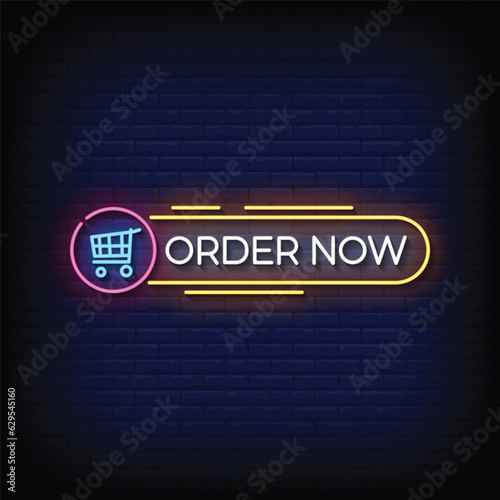 Neon Sign order now with brick wall background vector