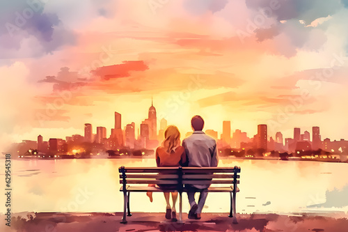 Fotografia water color pictures of Couple relaxing on bench looking at big city view with s