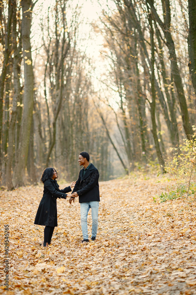 Loving black couple walking in park and enjoying autumn day