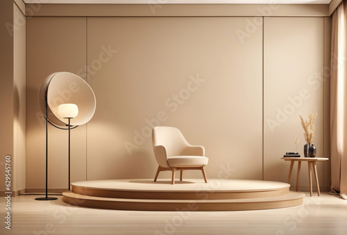 Beige wall with built-in lighting and wood floor, lamp, round podium and accessories, Modern stylish presentation, Generative Ai.