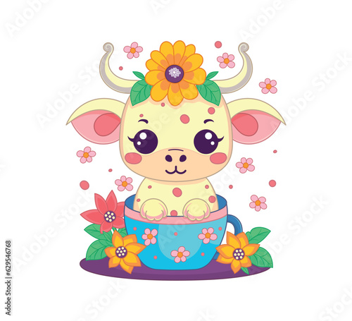 Little cute cow sits in a cup.Cartoon baby cow.Isolated on a white background.