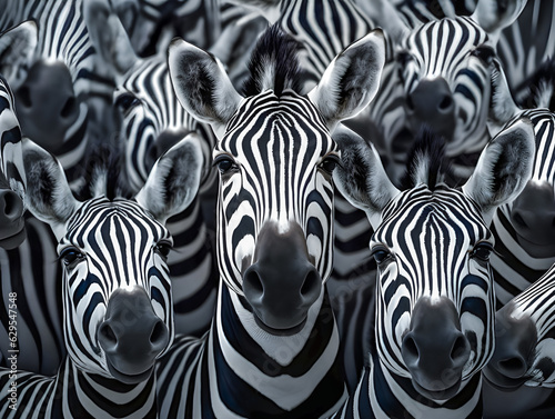 multiple zebra face only packed together and straight look the same way