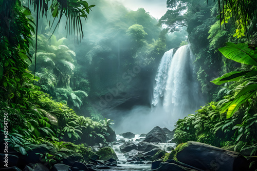 Waterfall in the middle of the jungle in the rainforest.