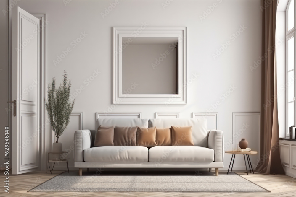 Cleanliness and simplicity define this modern living room with a comfortable white couch, neutral decor, and natural light streaming through the window. AI Generative. Cleanliness and simplicity define this modern living room with a comfortable white couch, neutral decor, and natural light streaming through the window. AI Generative.