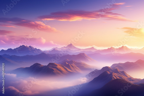 Sunrise over the mountains with dreamy clouds and sky