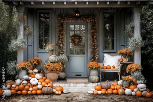 Porch of an old house decorated with pumpkins. autumn halloween thanksgiving day. Generative AI