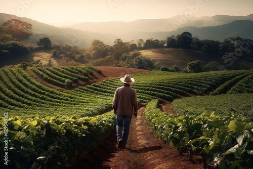 Canvas Print man with hat walking through a coffee field at sunrise