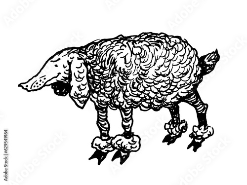 Poodle sheep vector print black and white animals funny cartoon fantasy flat vintage