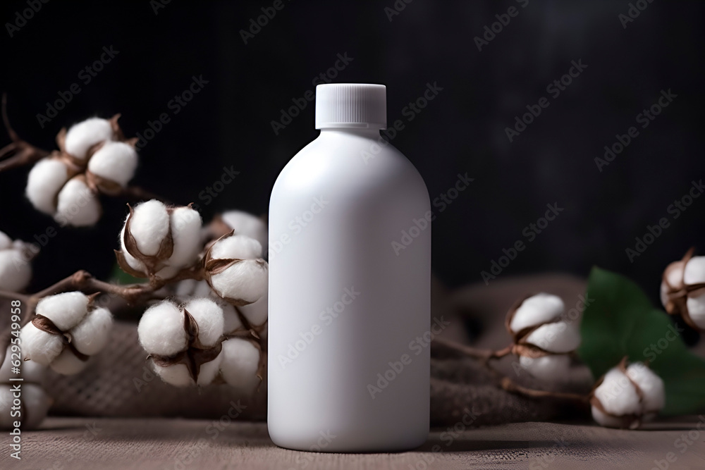 White plastic bottle with a cap on a gray background with cotton bolls. AI generated White plastic bottle with a cap on a gray background with cotton bolls. AI generated