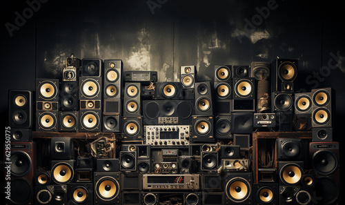 vintage music sound speaker wall.Retro old school design ghetto blaster stereo radio cassette tape recorders boombox tower from circa 1980s front concrete wall background. Vintage instagram style 
