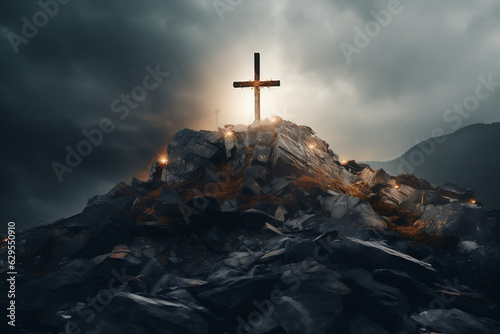 Majestic Christian Cross standing tall on a rugged rocky landscape, captured in stunning double exposure style © NE97