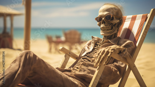 skeleton zombie relaxing by the beach on vacation wearing sunglasses
