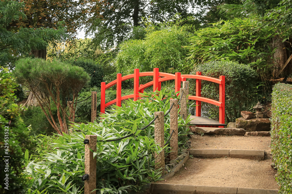 rote, geschwungene Holzbrücke im japanischen Garten mit Sträuchern und Gras am Weg rote, geschwungene Holzbrücke im japanischen Garten mit Sträuchern und Gras am Weg