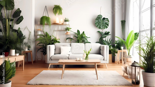 Livingroom with green plants. Generative ai design.