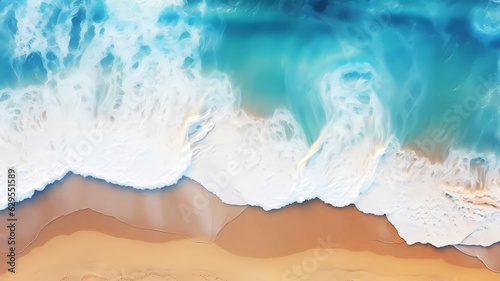 Waves on the beach top view. Generative ai design background.