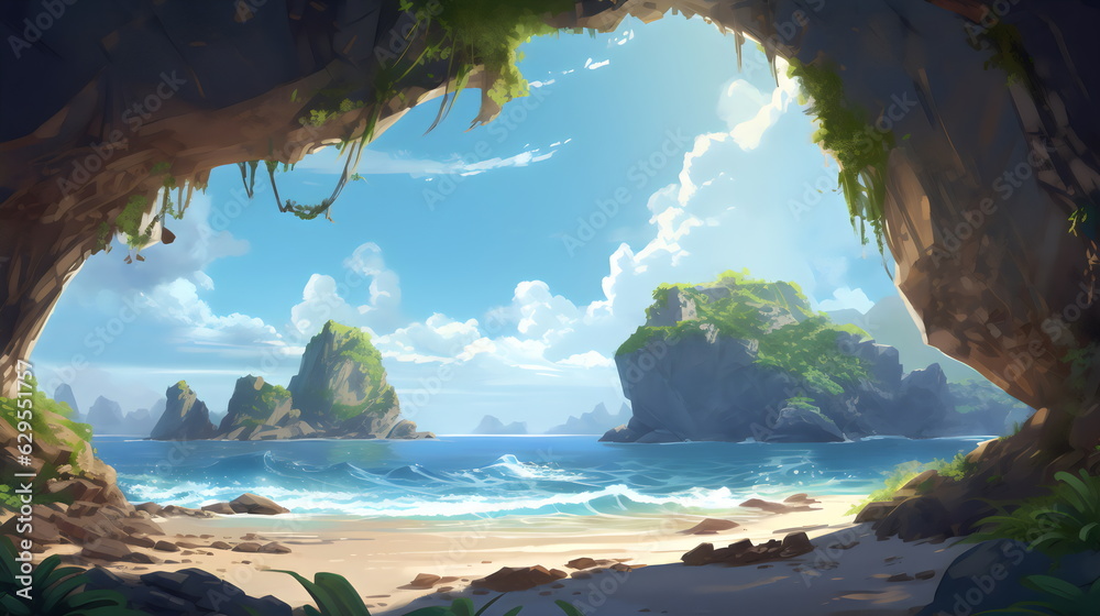Fototapeta premium beach from inside cave looking at water landscape, game concept art style illustration