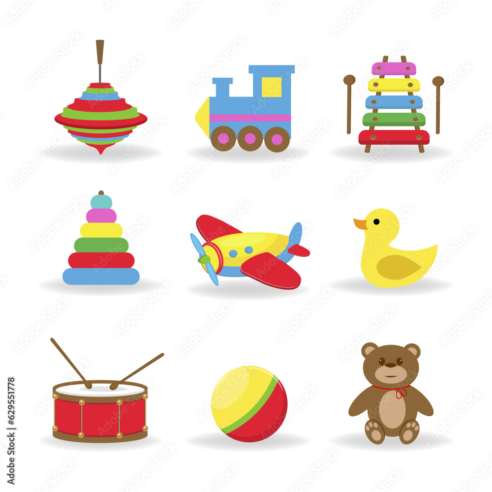 Cartoon kids toys. Plastic toy animal, wooden horse for child. Game group, ball little bear and baby bucket. Isolated duck and drum decent vector icons