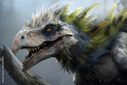 dinosaur like dragon creature with feathers, in style of concept art painting