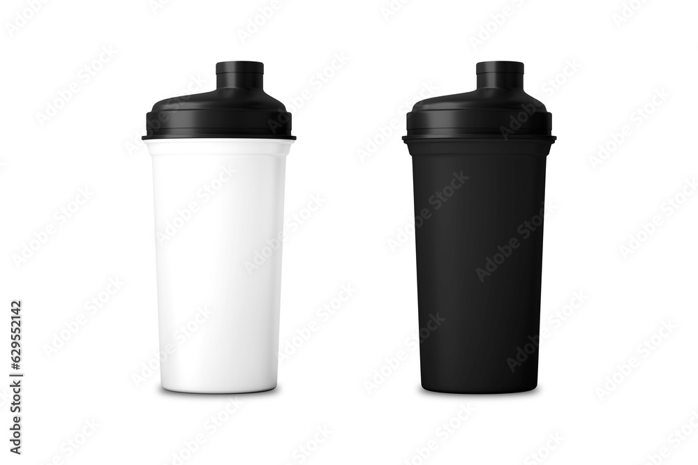 Plastic shaker isolated on white background with clipping path. Shaker for sport food cocktail. Black and white. Sport and healthy drink.3d rendering. Plastic shaker isolated on white background with clipping path. Shaker for sport food cocktail. Black and white. Sport and healthy drink.3d rendering.