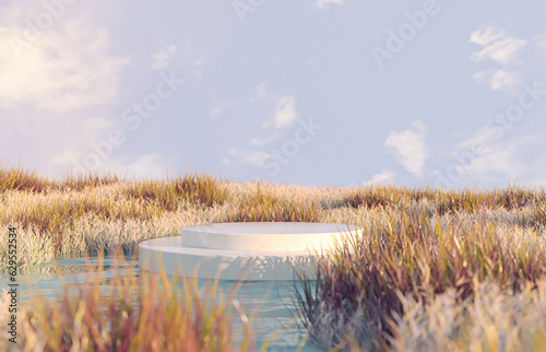 Fototapeta Naklejka Na Ścianę i Meble -  Abstract autumn landscape scene with a podium for product display. 3d rendering