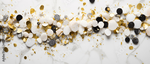 Panel kuchenny z motywem White marble abstract texture with golden shimmer, spheres, particles, confetti, splashes.Trendi background, cover. Generative ai