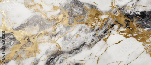 Marble abstract texture with golden shimmer, splashes. Trendi background, cover. Generative ai photo