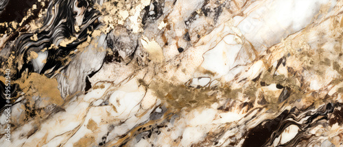 Marble abstract texture with golden shimmer, splashes. Trendi background, cover. Generative ai photo