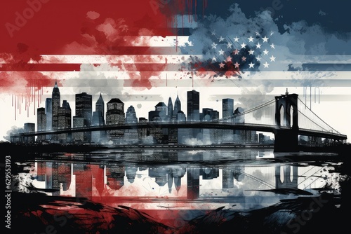 Watercolor night Brooklyn bridge and New York on the background of the American flag. Generative AI