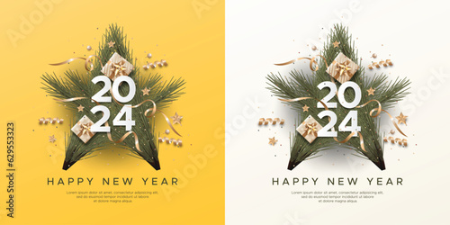 Happy New Year 2024. Set of celebrate party 2024 on white and yellow background. Festive realistic decoration new year and Christmas background
