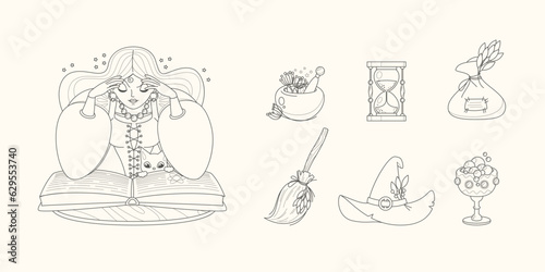 Magic and fortune telling set. Cartoon illustrations of a beautiful witch reading a spell book with her black cat and a collection of magic accessories. Vector 10 EPS.
