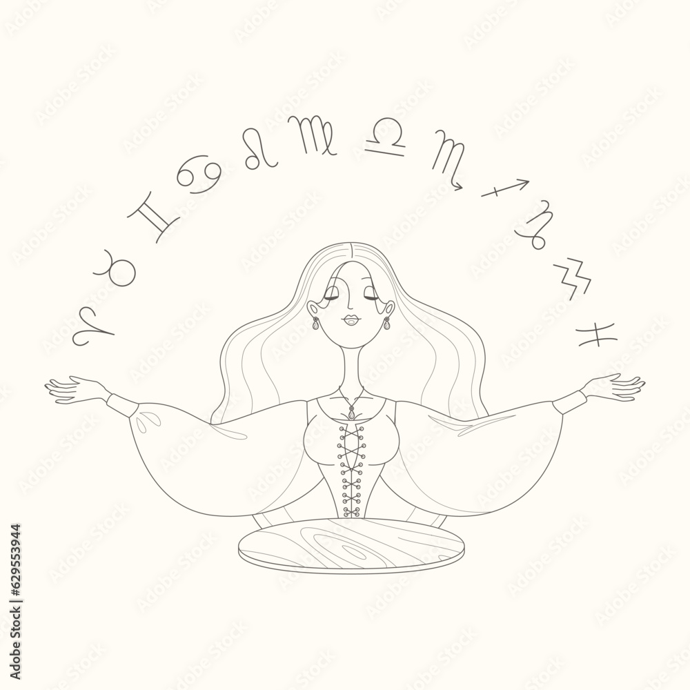 Obraz premium Fortune teller female character. Cartoon illustration of a beautiful girl with raising hands telling the future by seeing zodiac signs. Astrology or magic concept. Vector 10 EPS.
