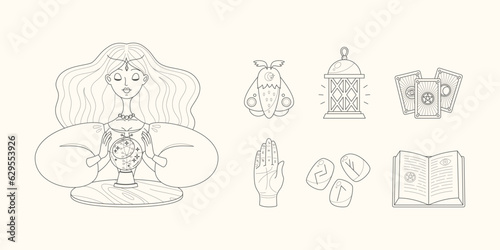 Magic and fortune telling set. Cartoon illustrations of a beautiful girl reading the future by seeing crystal ball and a collection of magic accessories. Vector 10 EPS.